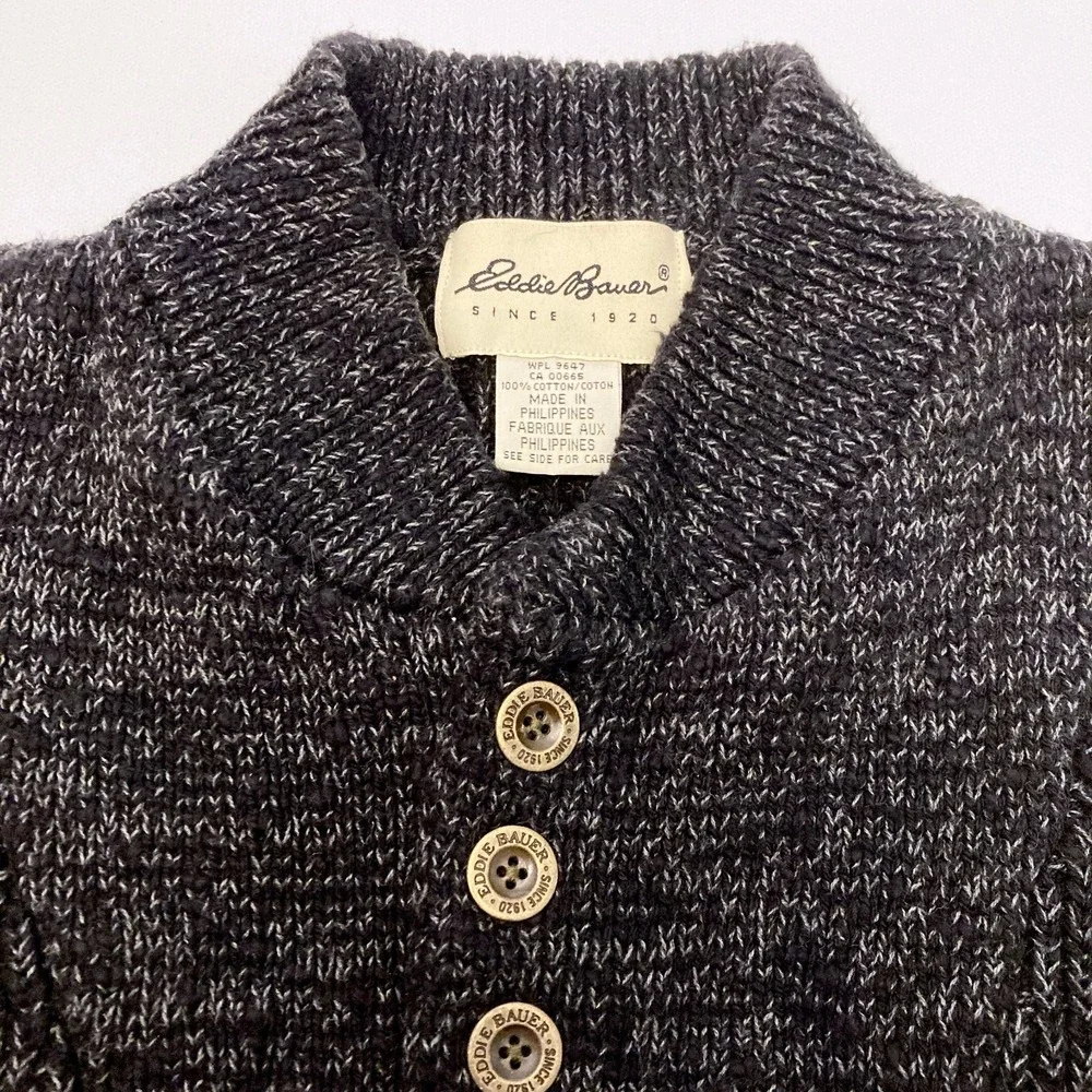 Vintage Eddie Bauer Henley Sweater Mens Small 90s Black Marled Knit 100% Cotton